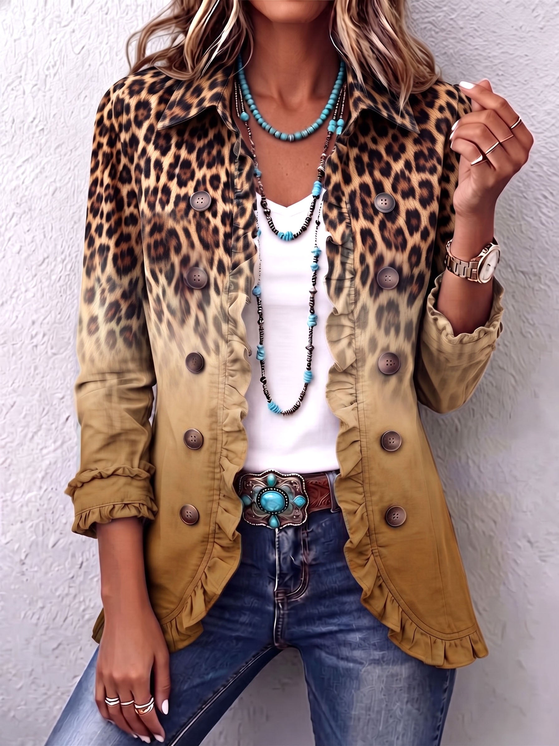 Elspeth Leopard Ombre Ruffle Blazer Jacket in Ochre