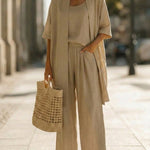 Effortless Linen-Cotton Three-Piece Set in Khaki