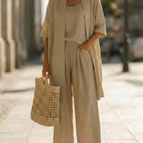 Effortless Linen-Cotton Three-Piece Set in Khaki