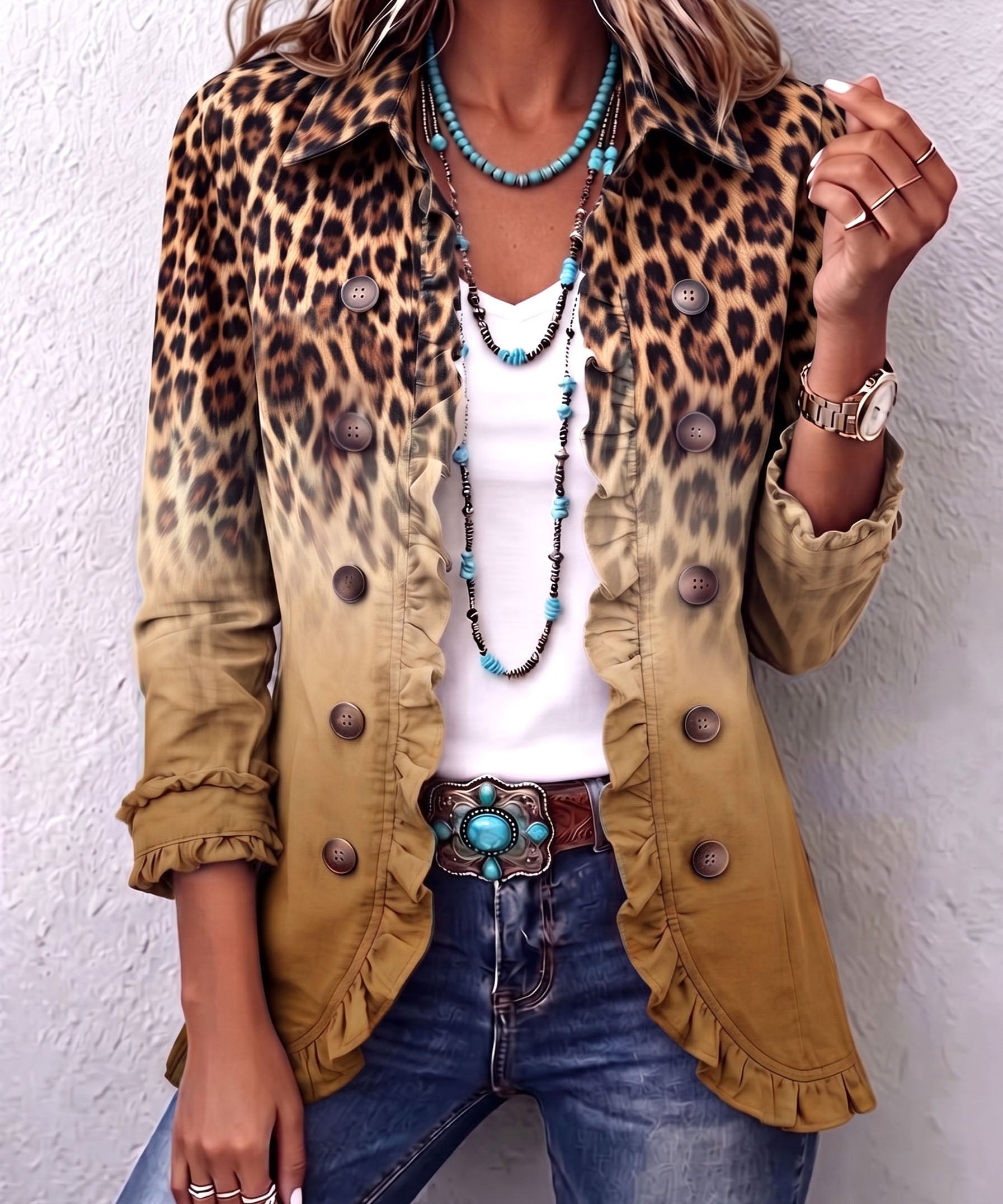 Marlowe Leopard Ombre Ruffle Blazer Jacket