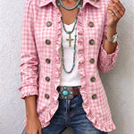 Women's Gingham Ruffled Button-Down Jacket in Pink