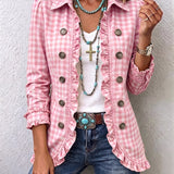 Women's Gingham Ruffled Button-Down Jacket in Pink
