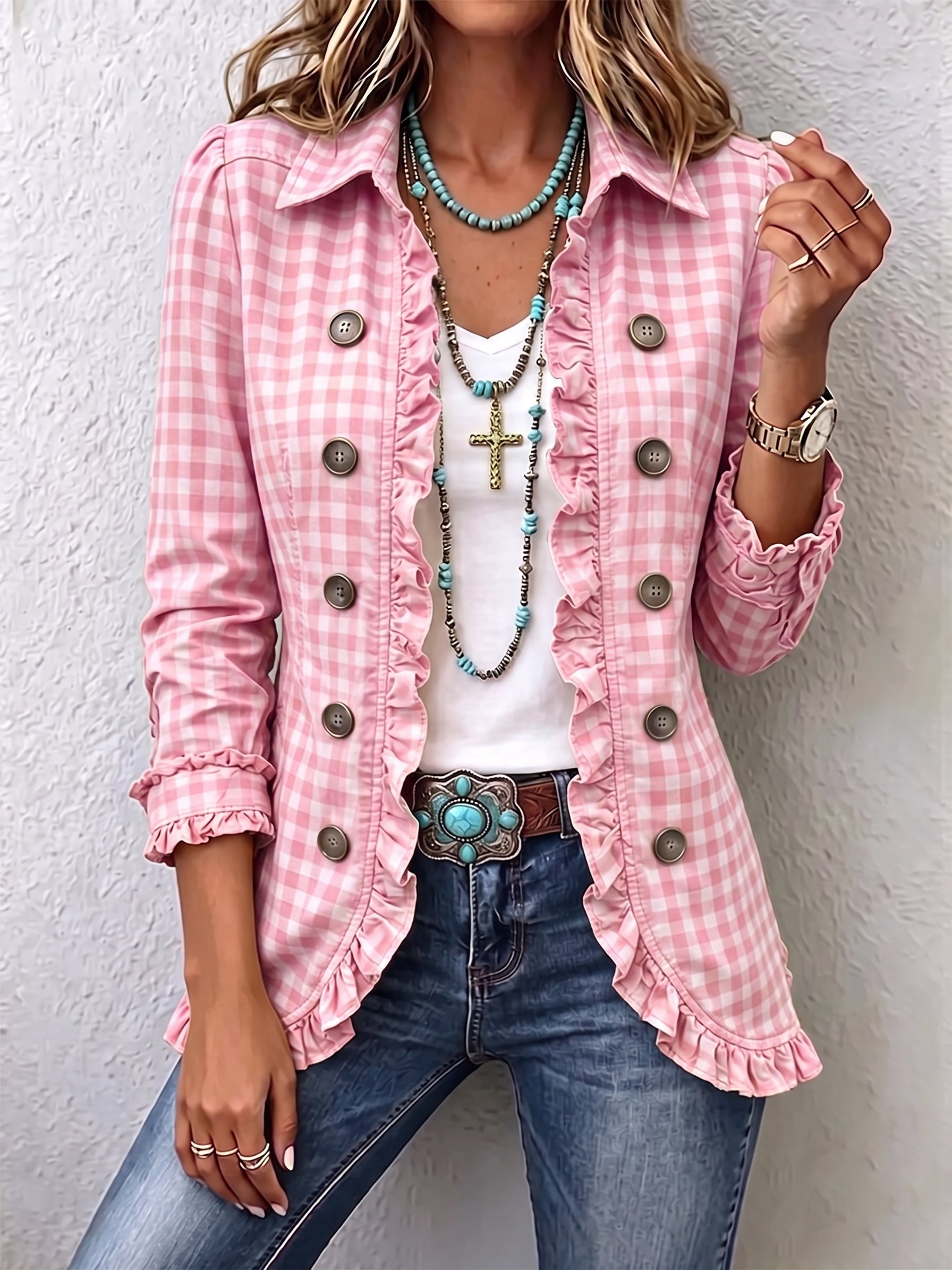 Women's Gingham Ruffled Button-Down Jacket in Pink