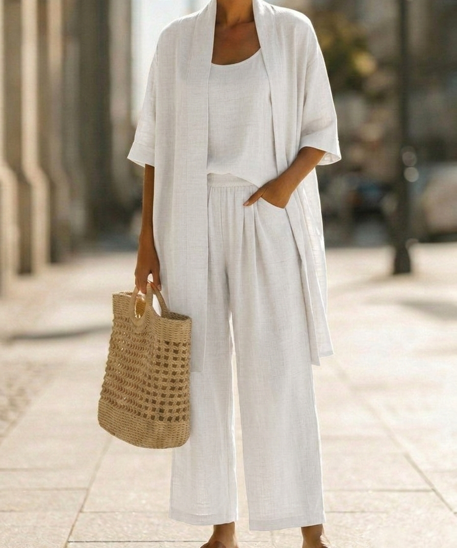Effortless Linen-Cotton Three-Piece Set in White