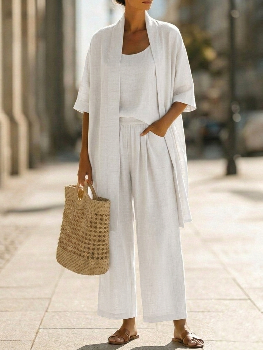 Effortless Linen-Cotton Three-Piece Set in White