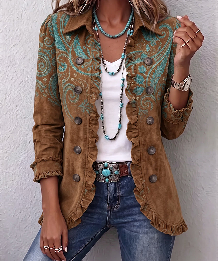 Women's Paisley Print Ruffle Jacket in Brown