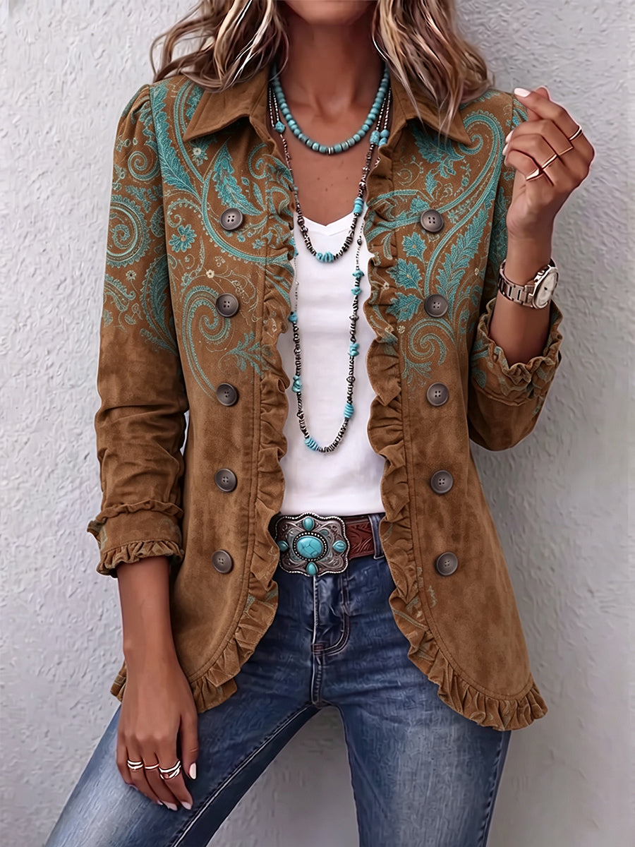 Women's Paisley Print Ruffle Jacket in Brown