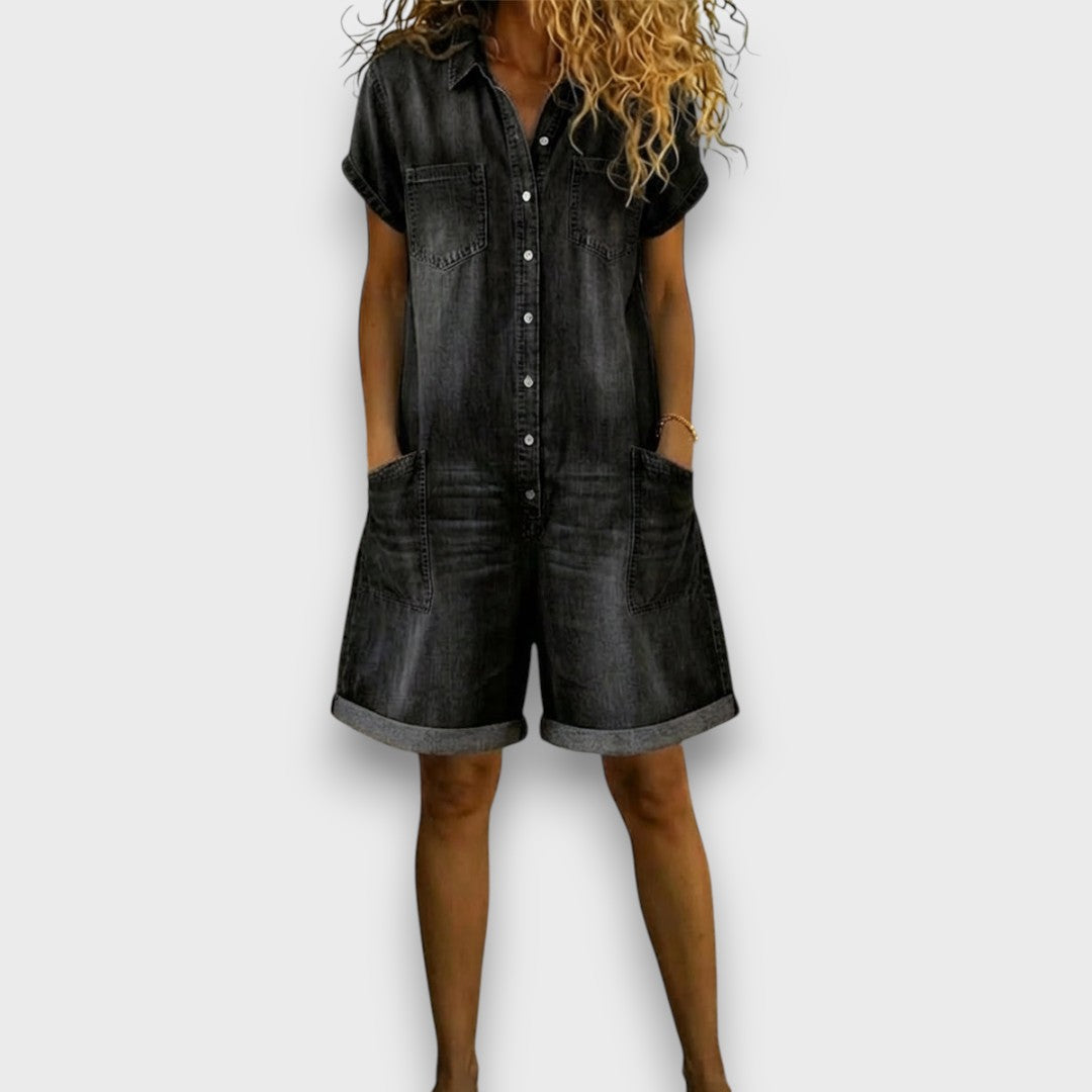 Clara Vintage Denim-Look Romper in Black