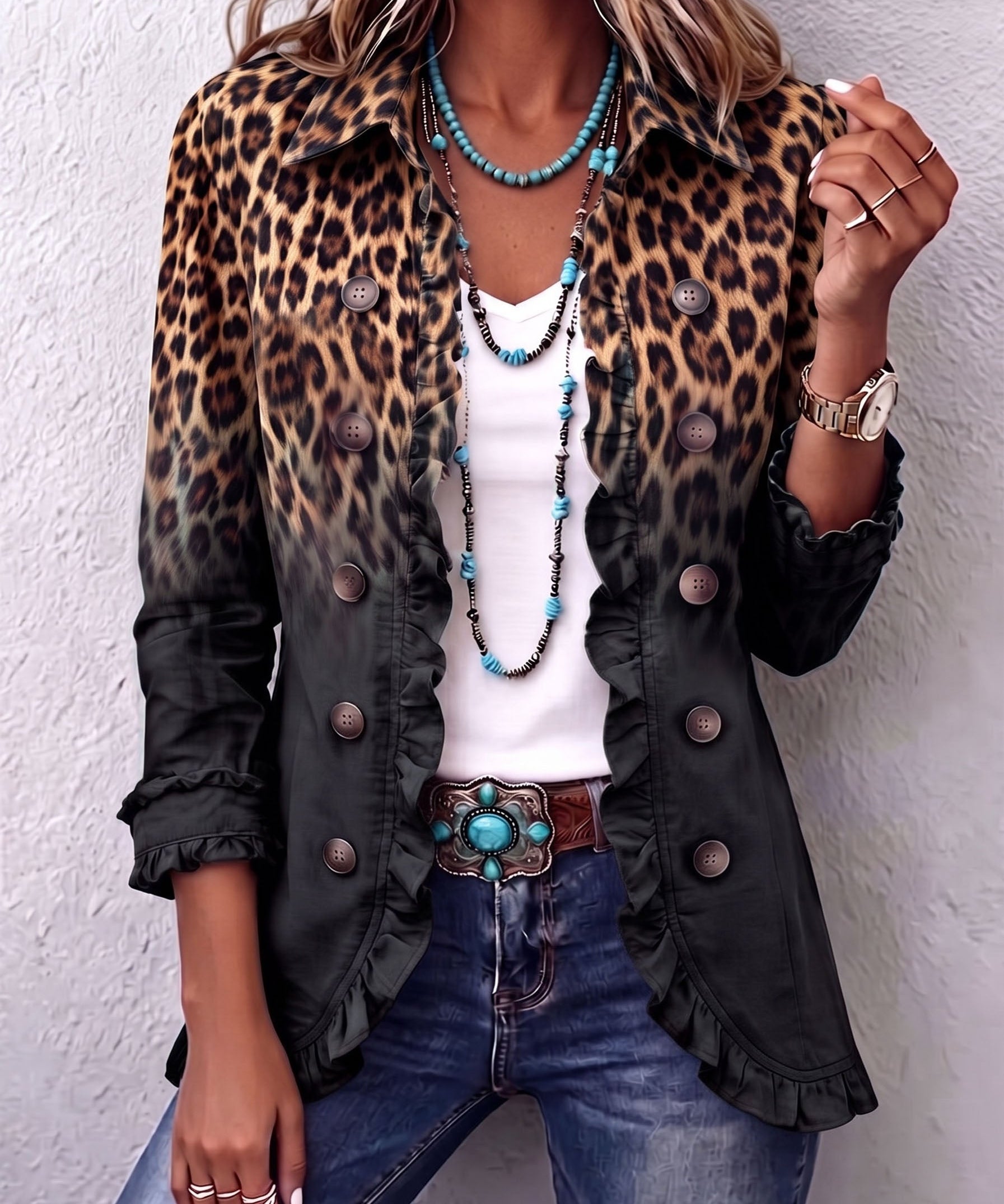 Sabina Leopard Ombre Ruffle Blazer Jacket