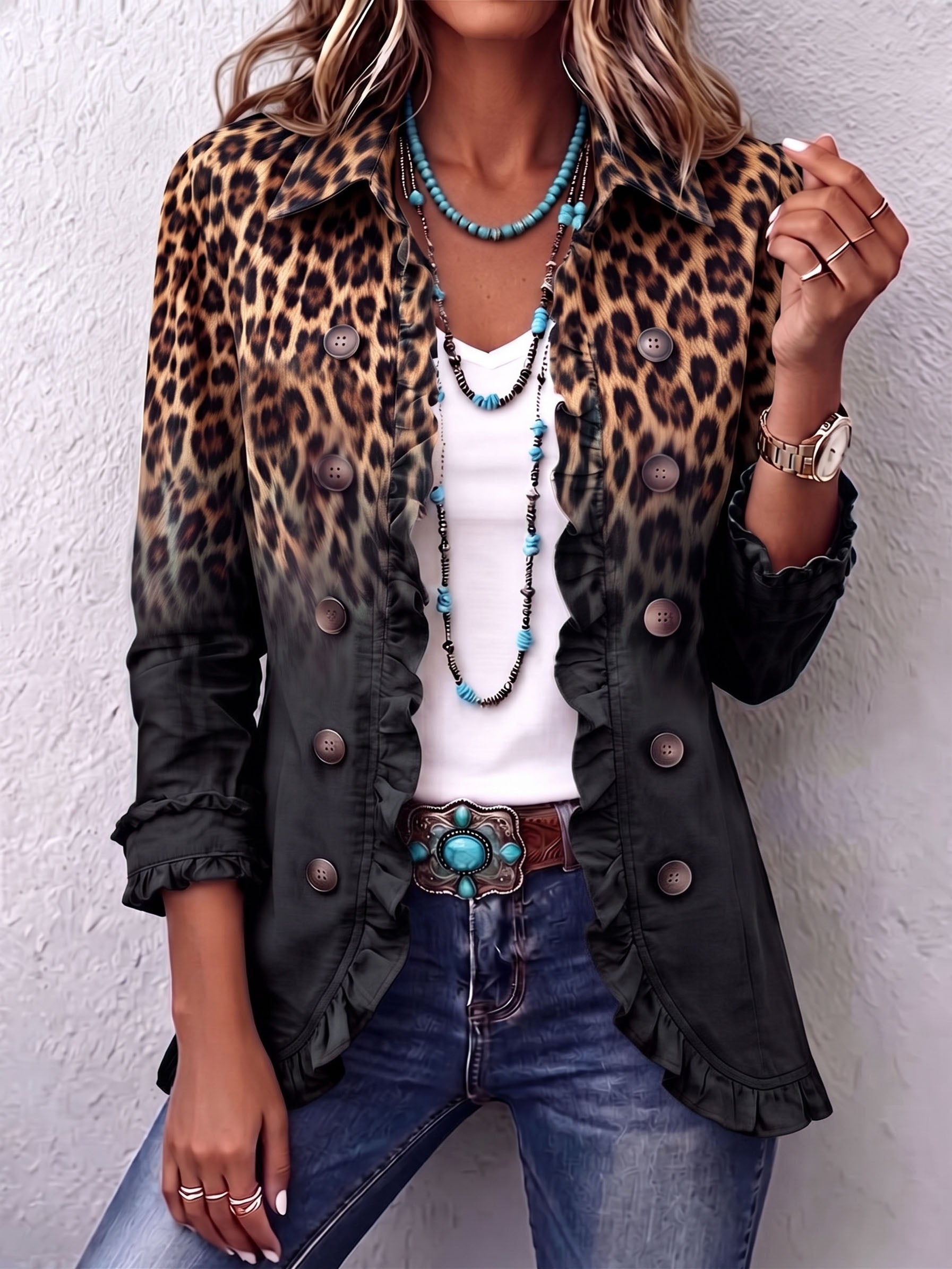 Sabina Leopard Ombre Ruffle Blazer Jacket