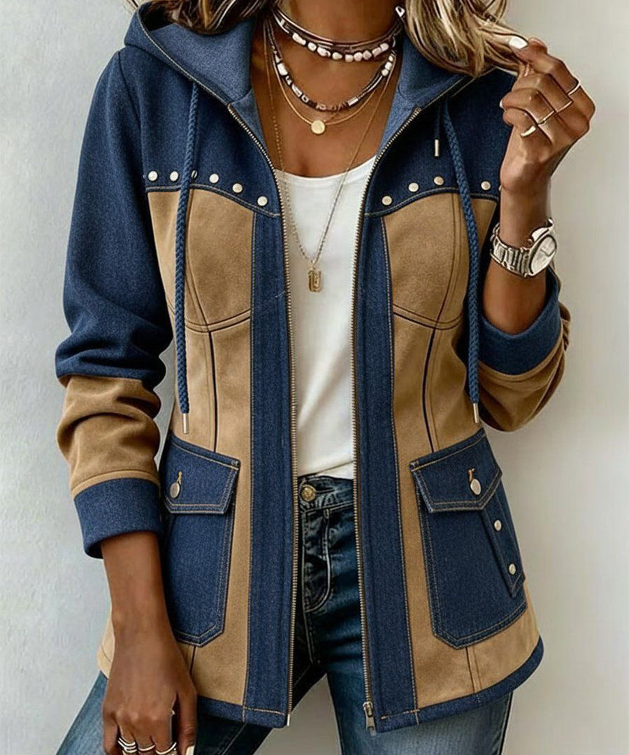 Women's Navy and Camel Hooded Jacket