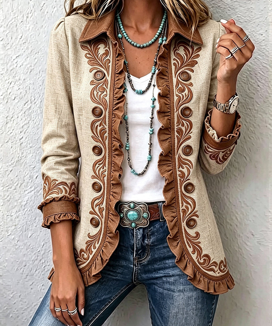 Vintage Bohemian Floral Ruffled Jacket in Tan & Brown
