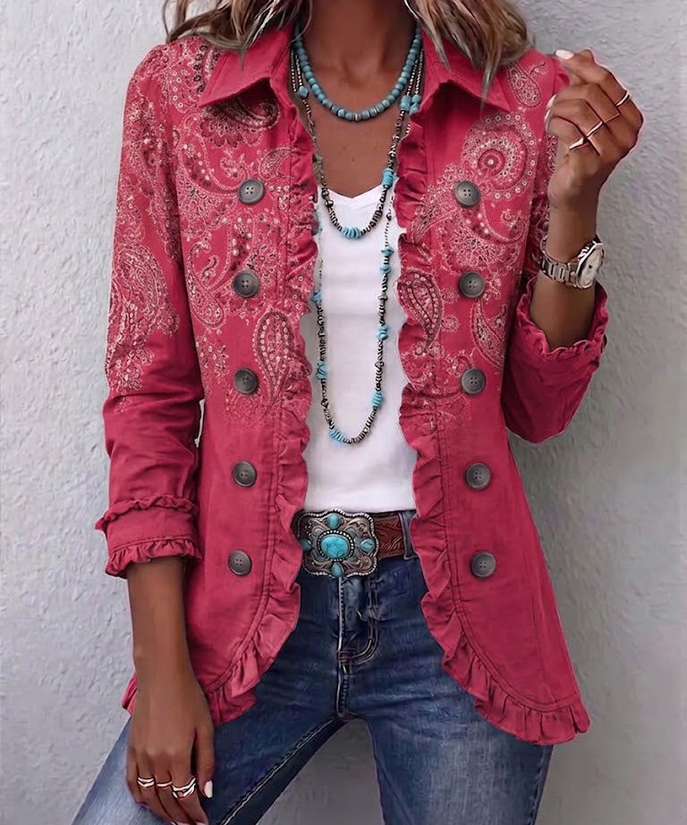 Anouk Vintage Paisley Print Ruffled Jacket in Rose Pink