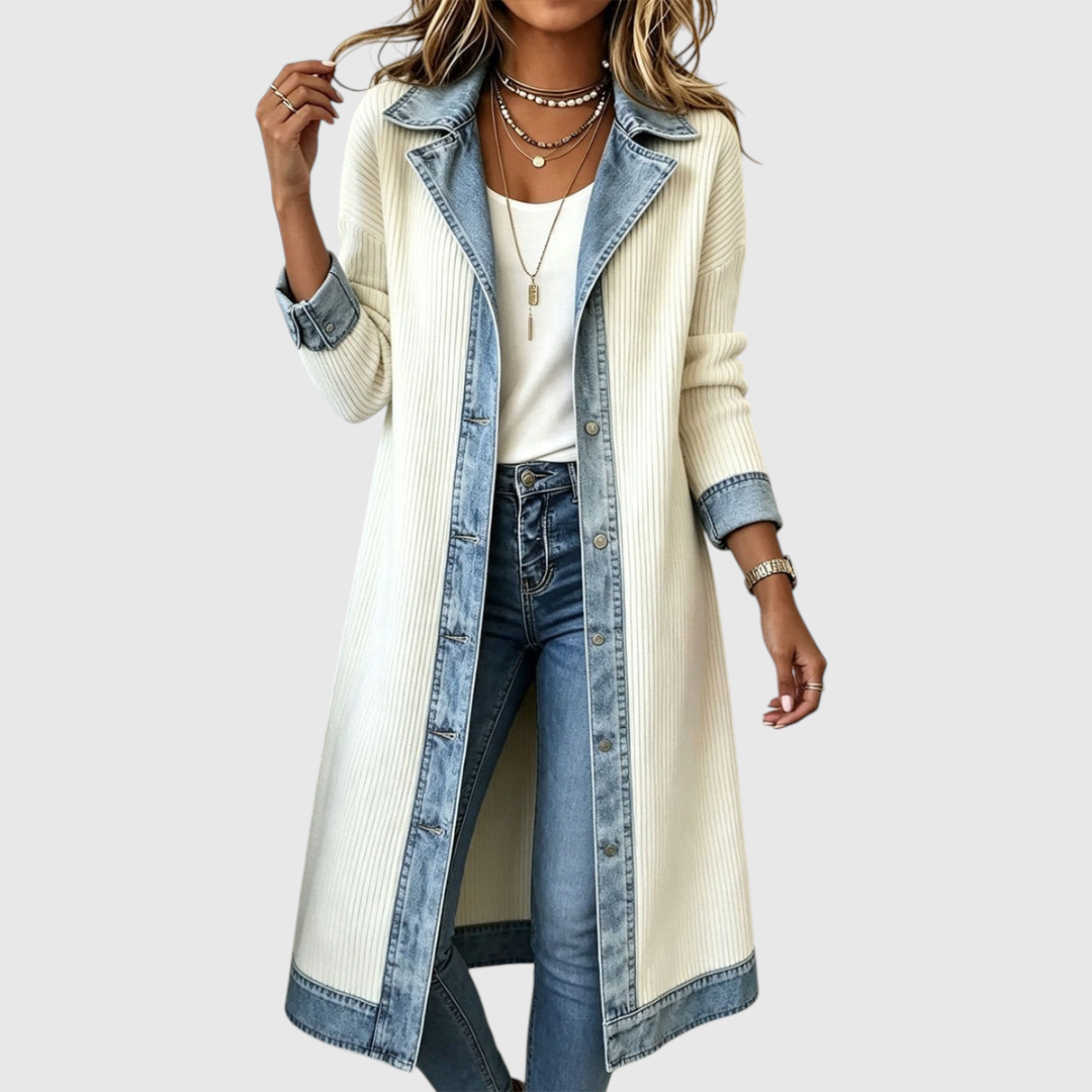 Women's Long Knit and Denim Jacket in White