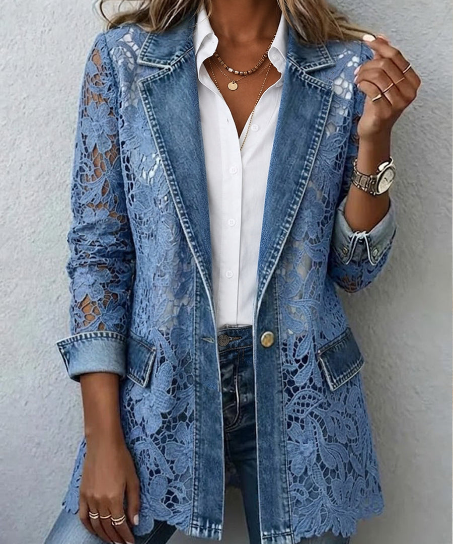 Women's Floral Lace Blazer in Denim Blue