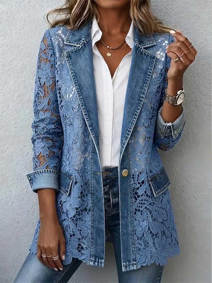 Women's Floral Lace Blazer in Denim Blue
