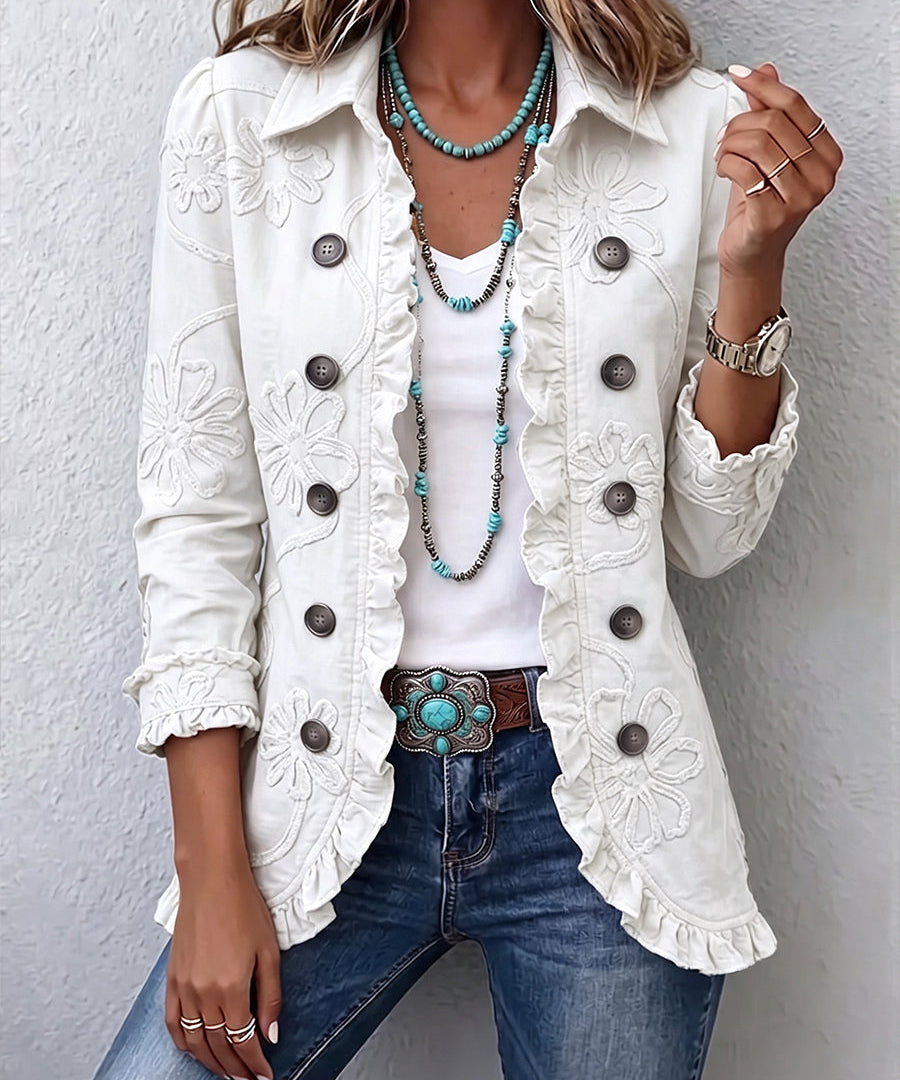 Ivory Floral Embroidered Utility Ruffled Trim Jacket in White
