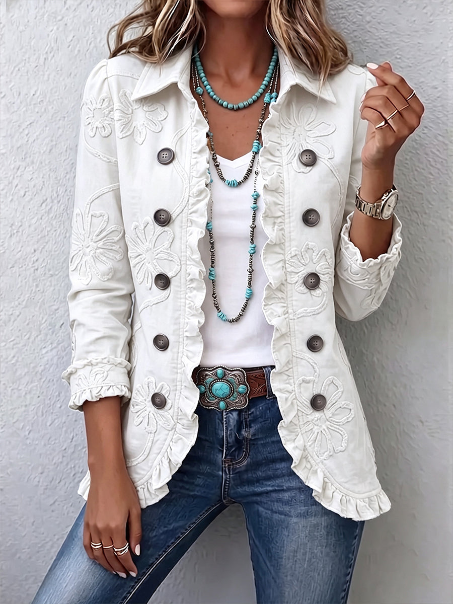 Ivory Floral Embroidered Utility Ruffled Trim Jacket in White