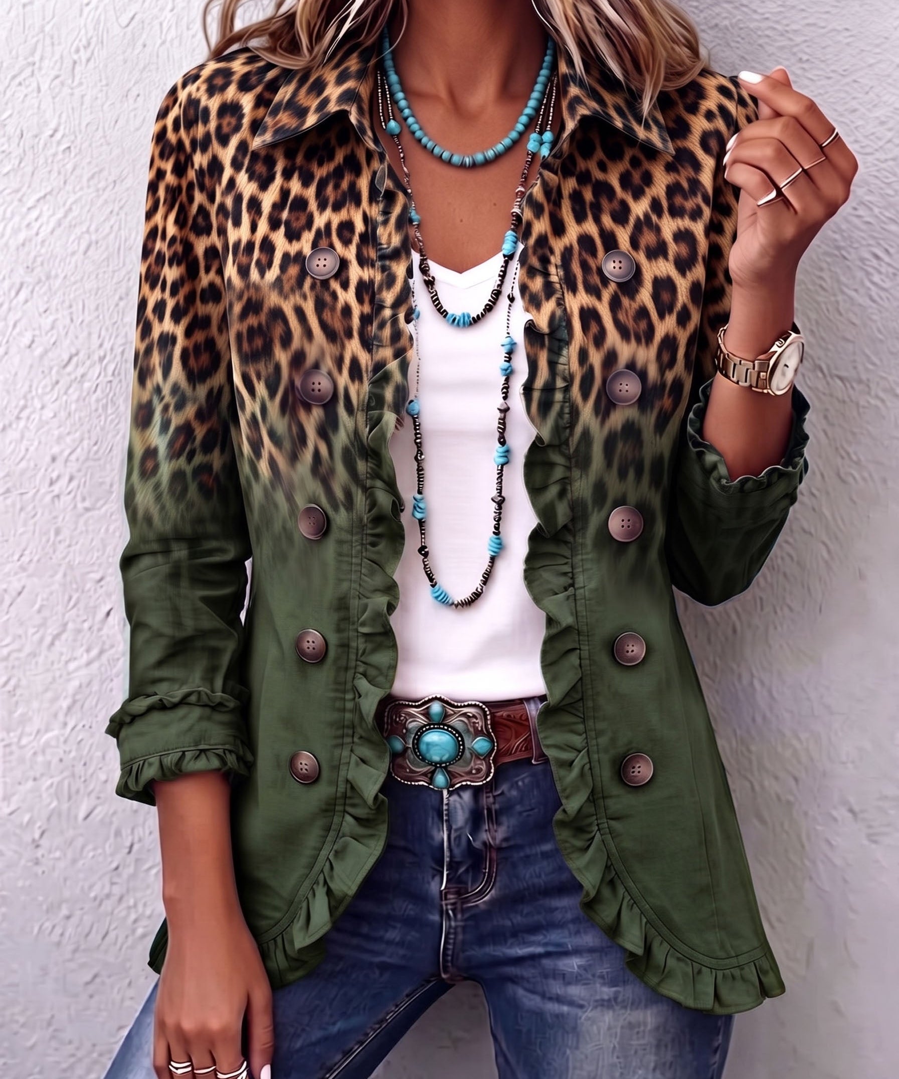 Rowena Leopard Ombre Ruffle Blazer Jacket in Green
