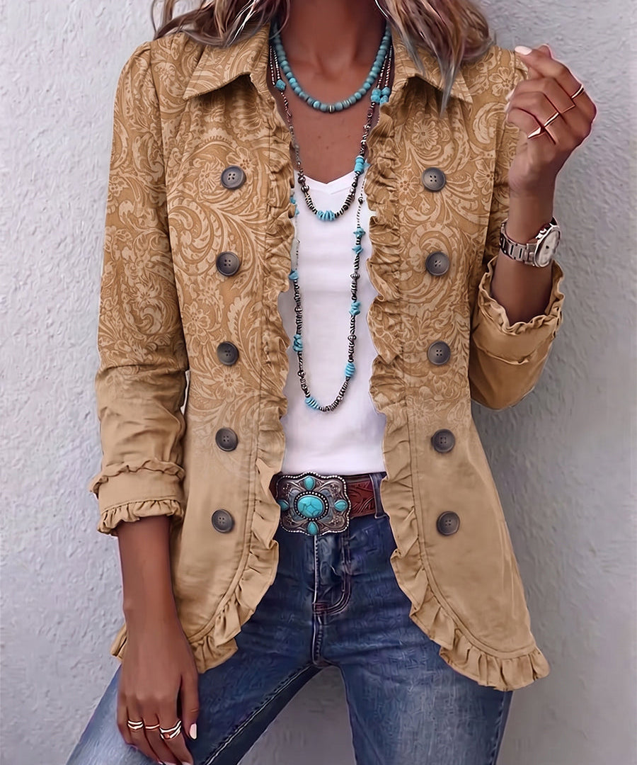 Women's Western Pattern Print Ruffle Jacket in Khaki