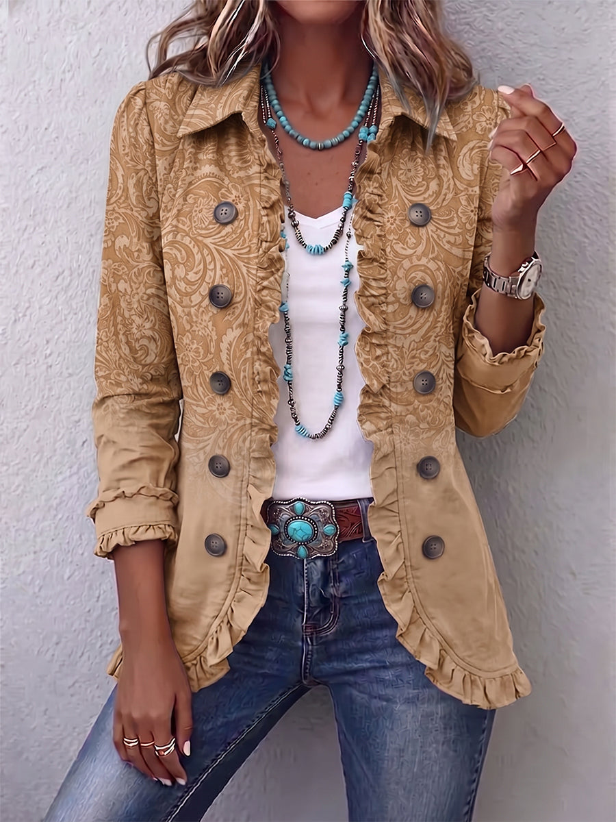 Women's Western Pattern Print Ruffle Jacket in Khaki