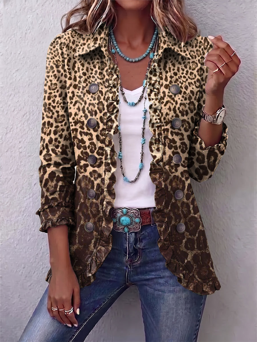 Women's Leopard Print Ruffled Jacket in Multicolor