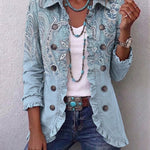 Estrella Vintage Paisley Print Ruffled Jacket in Sky Blue