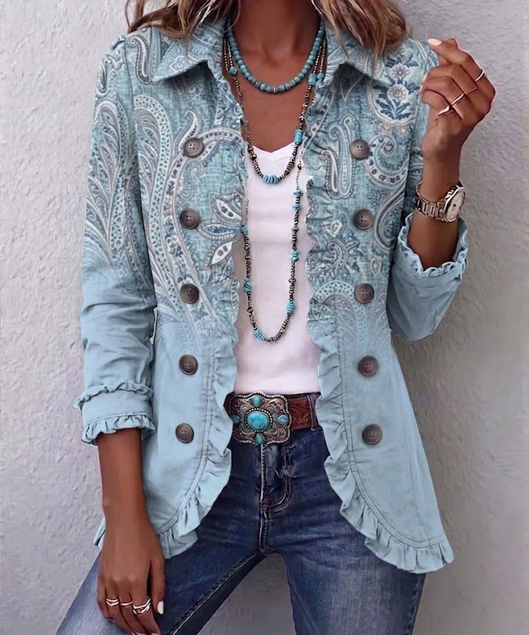 Estrella Vintage Paisley Print Ruffled Jacket in Sky Blue