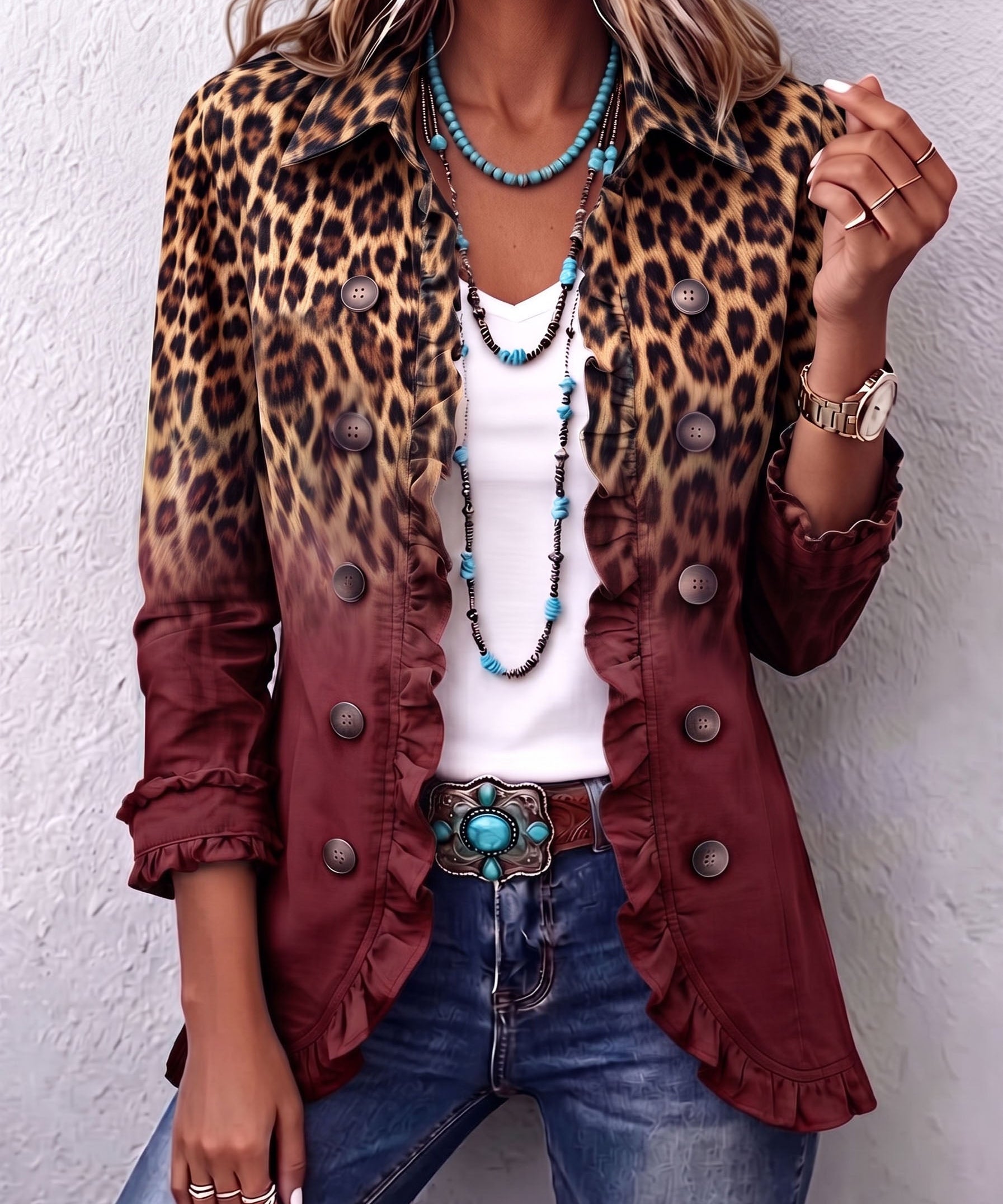 Talia Leopard Ombre Ruffle Blazer Jacket in Wine