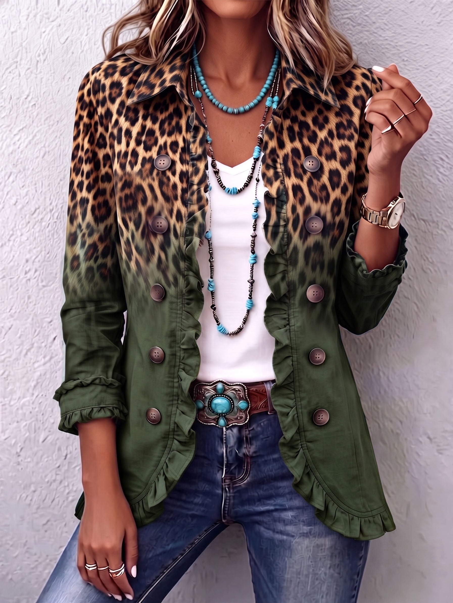 Elspeth Leopard Ombre Ruffle Blazer Jacket in Green