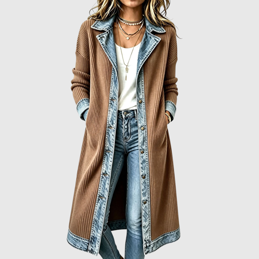 Women's Long Knit and Denim Jacket in Khaki
