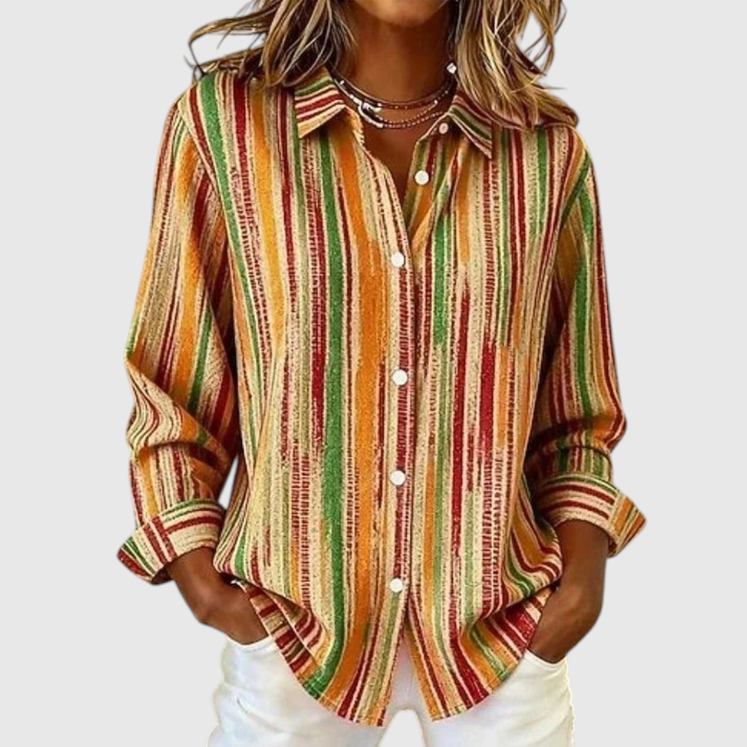 Vintage Multicolor Striped Button-Up Blouse in Orange