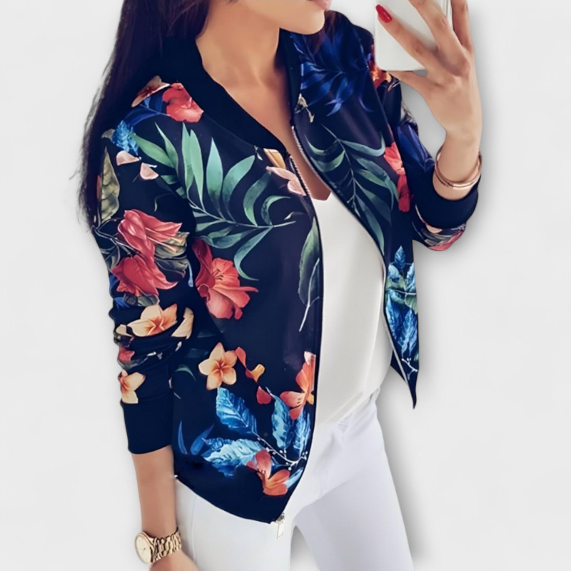 Women's Floral Bomber Jacket in Blue