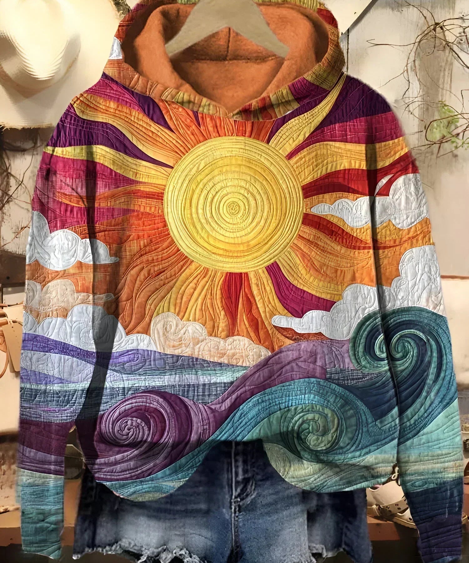 Women's Retro Hoodie Featuring Sunray Design