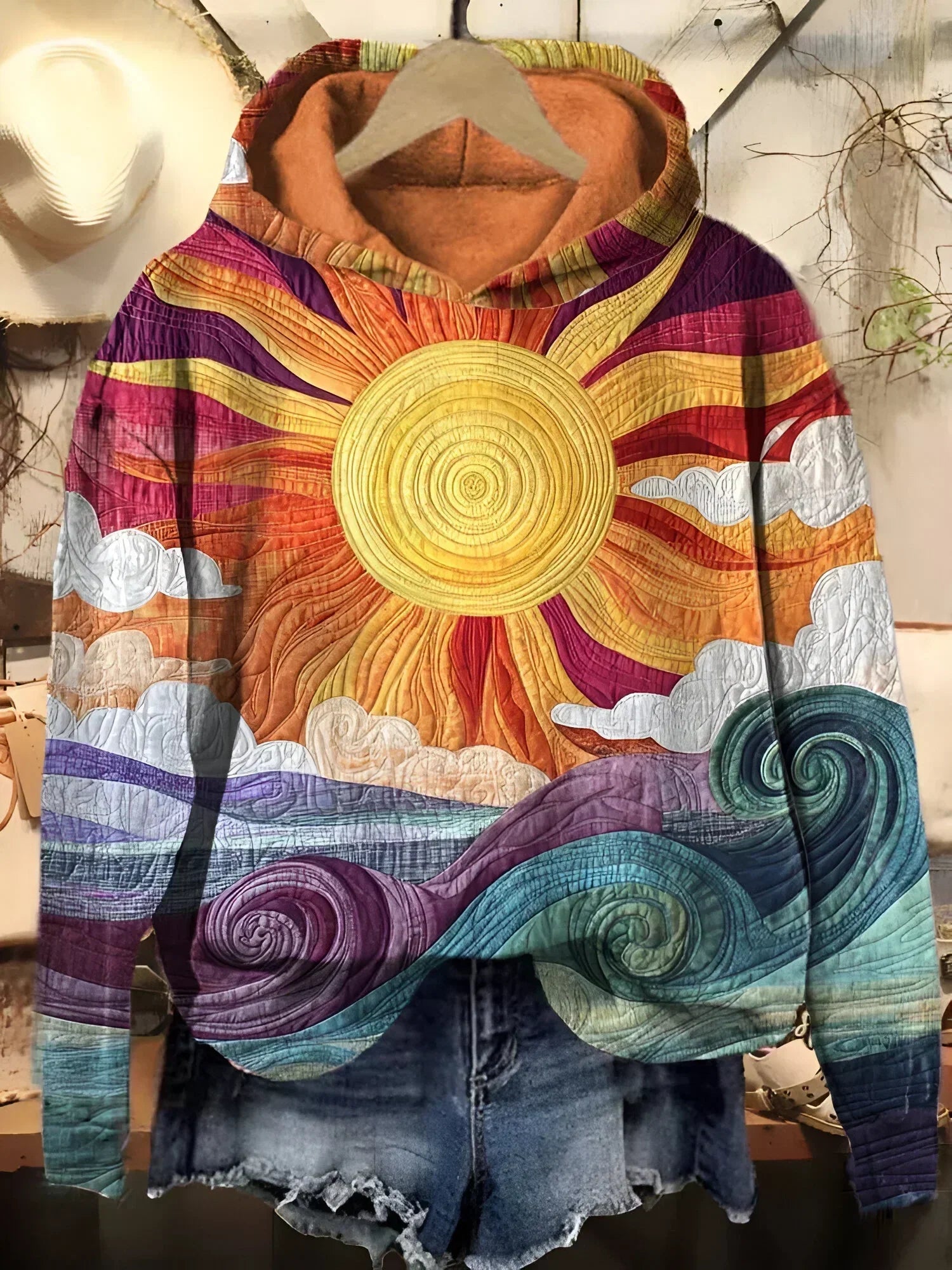 Women's Retro Hoodie Featuring Sunray Design