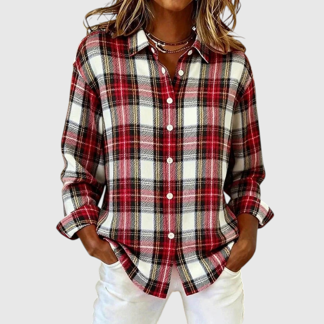 Women's Vintage Plaid Button-Front Blouse in Red