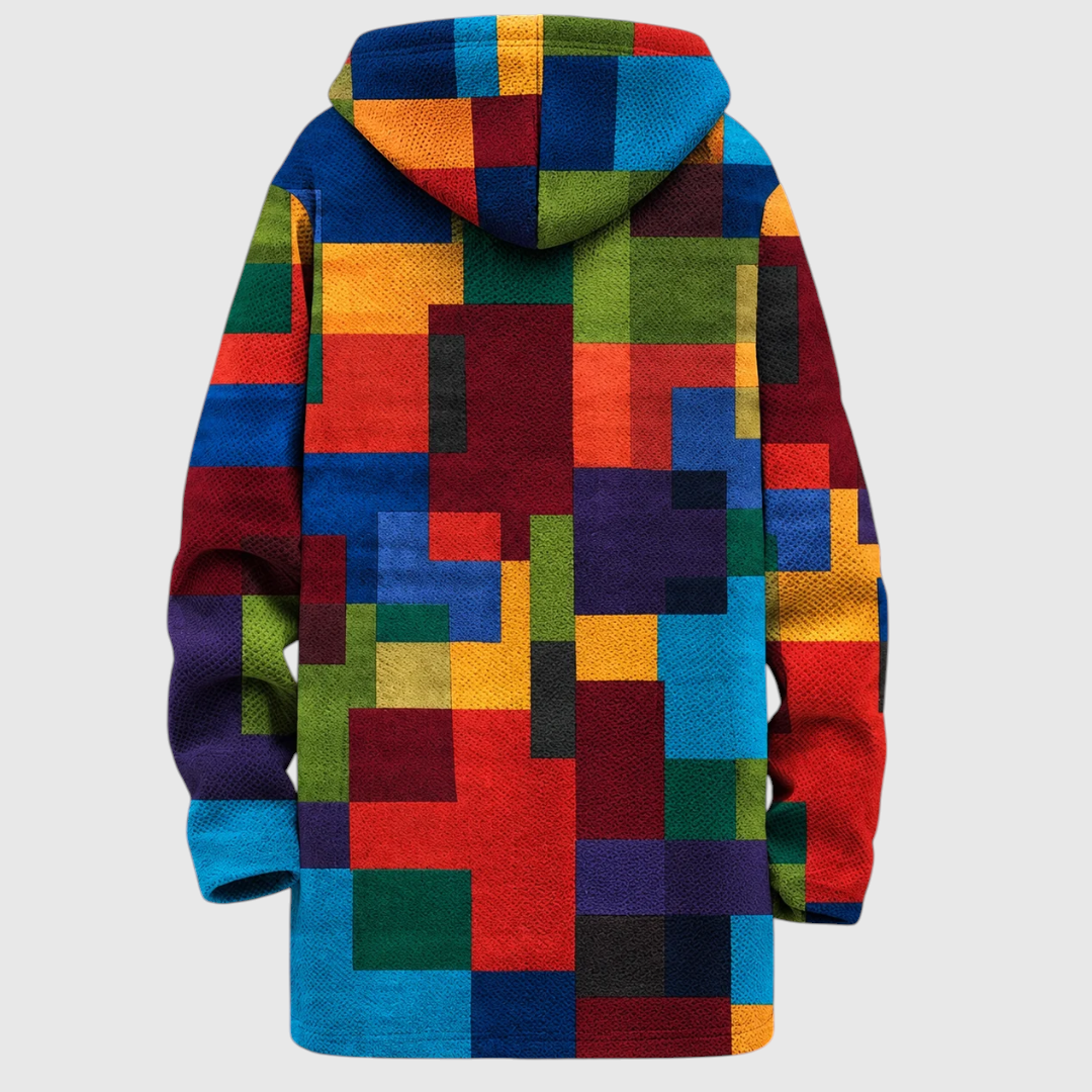 Cardigan com capuz Linda Monroe Muriel em padrão color-block geométrico multicolorido com fecho frontal e bolsos