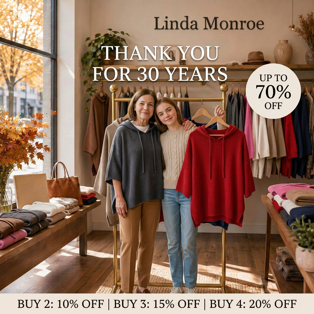Poncho Sweaters collection banner: two women holding a grey hooded poncho and a red knit poncho in a boutique