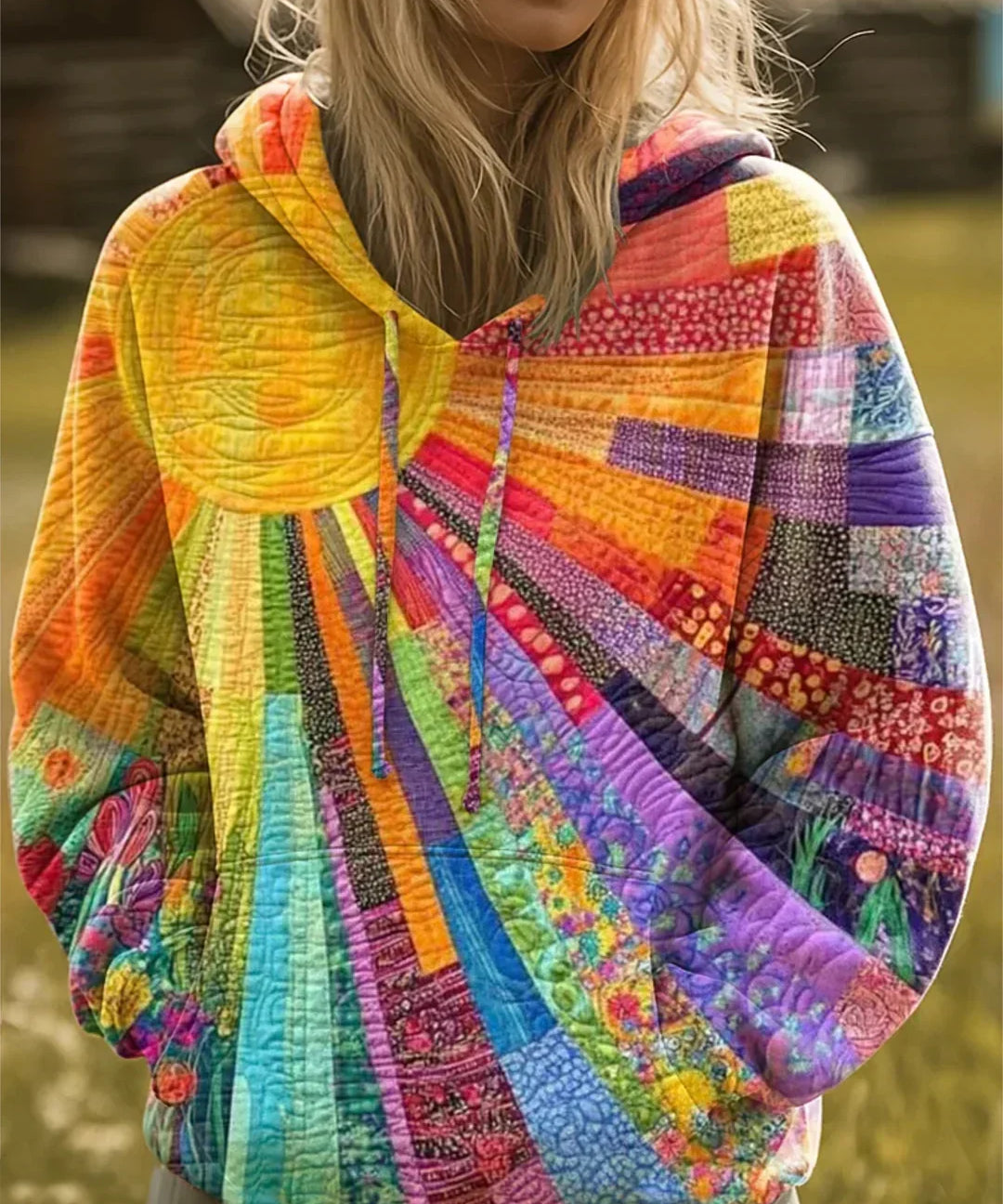 Women's Bohemian Multicolor Patchwork Hoodie