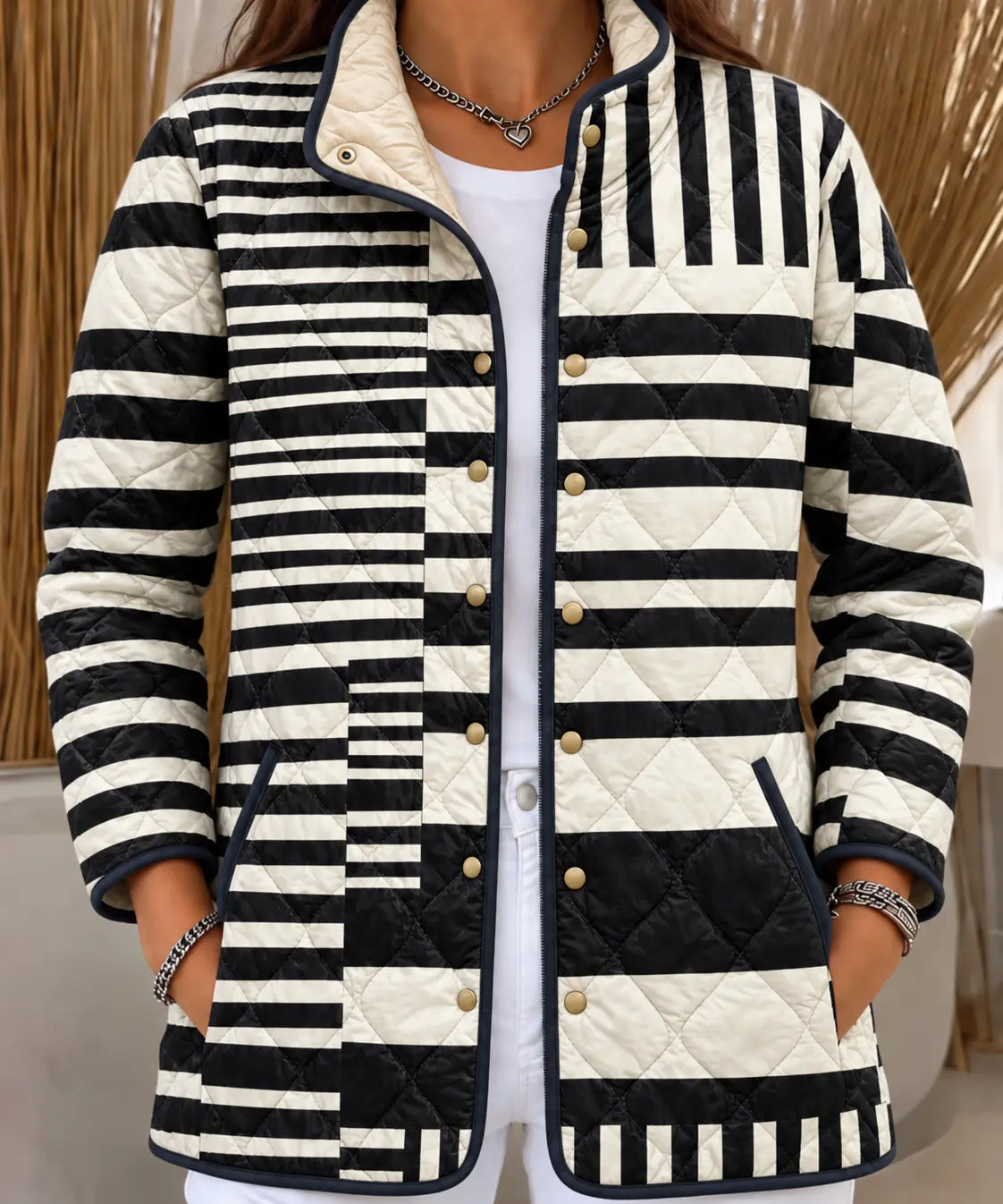 Black and White Striped Quilted Jacket