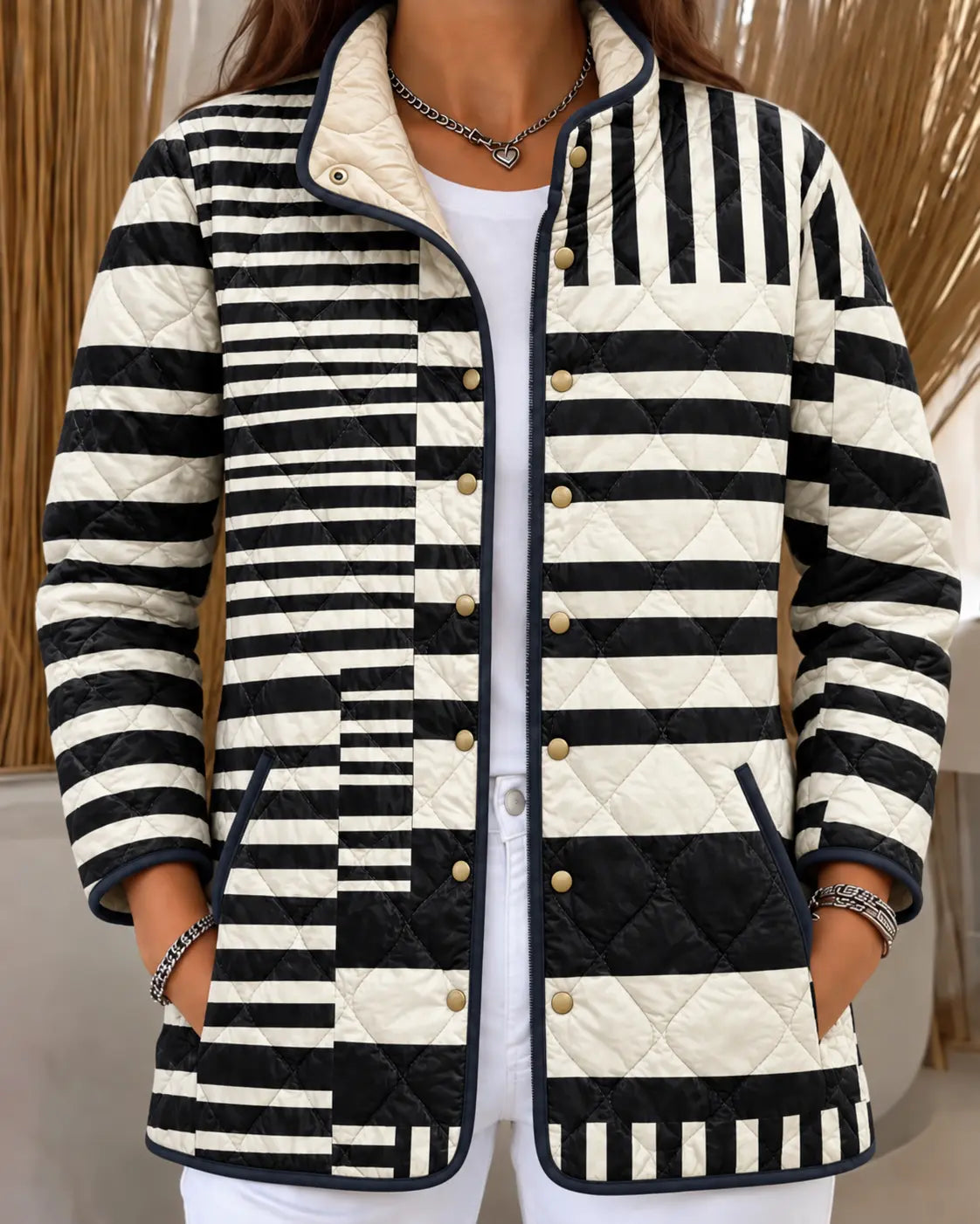 Black and White Striped Quilted Jacket