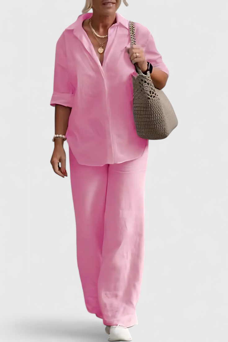 Relaxed Fit Two-Piece Linen-Cotton Ensemble in Pink
