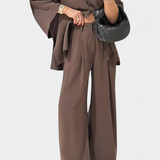 V-Neck Top with Straight-Leg Pants Set in Brown