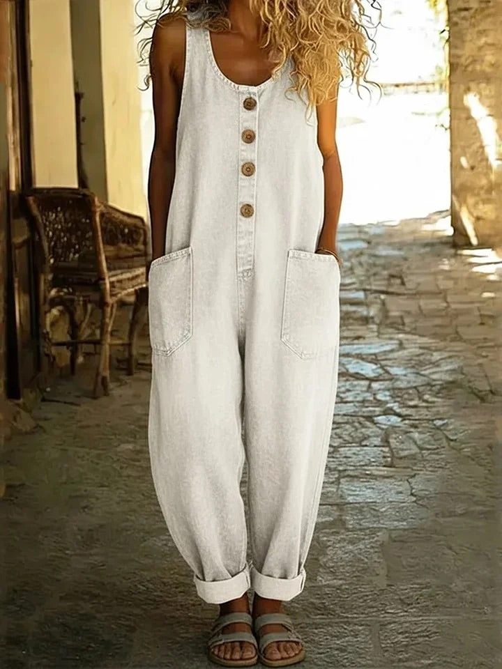 Women's Vintage-Wash Denim Jumpsuit in White