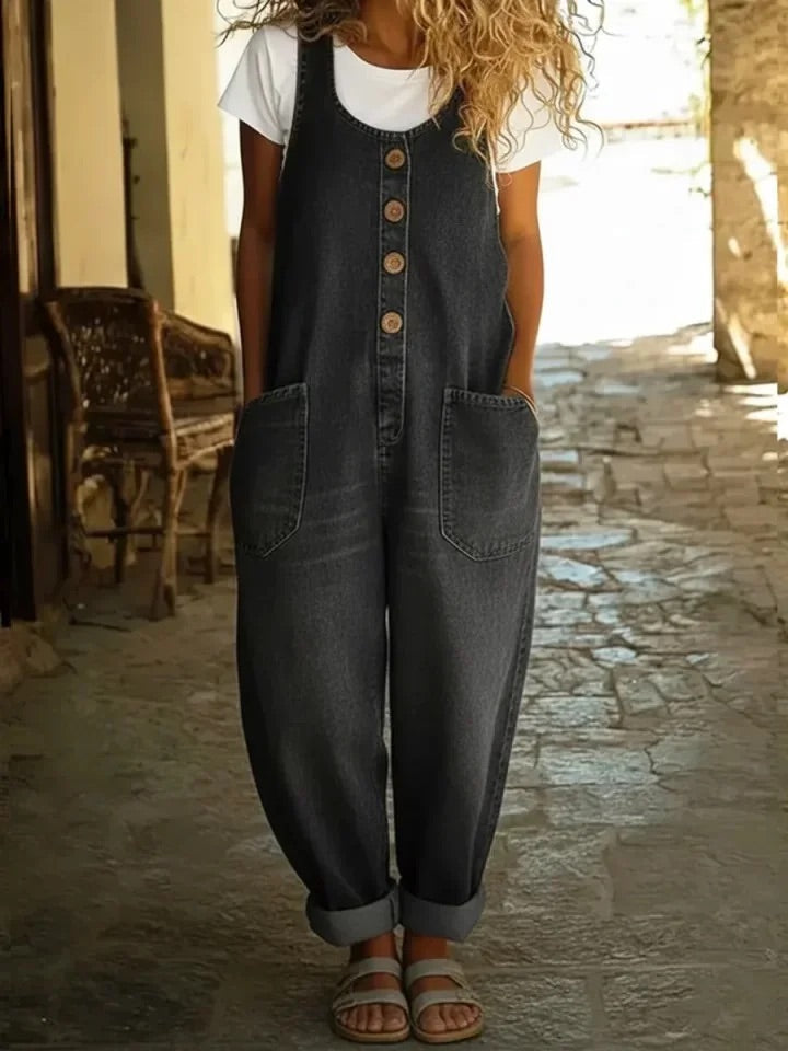Women's Vintage-Wash Denim Jumpsuit in Black
