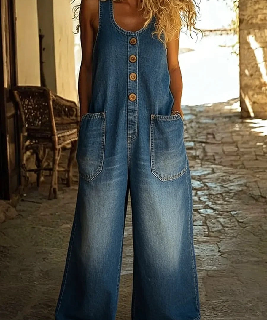 Women's Vintage-Wash Denim Jumpsuit in Blue