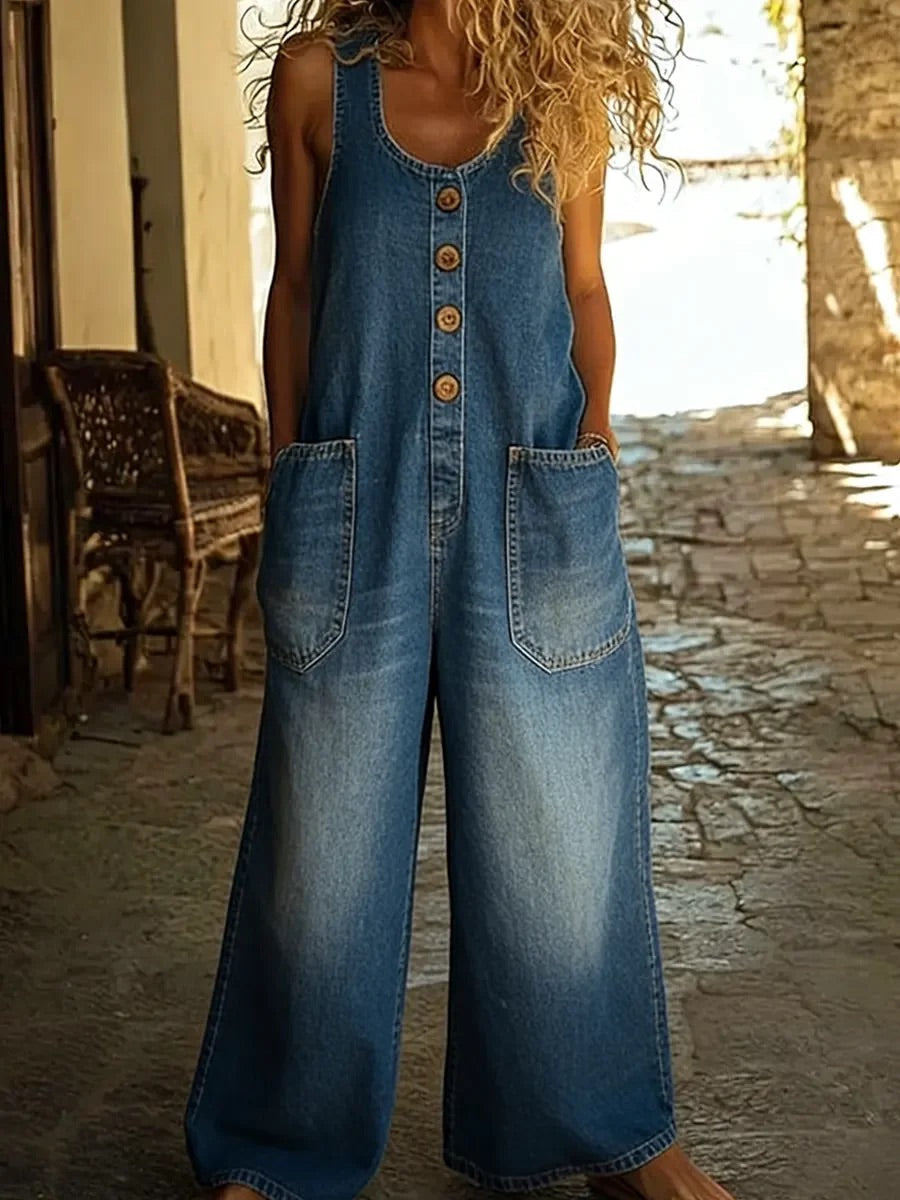 Women's Vintage-Wash Denim Jumpsuit in Blue