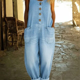 Women's Vintage-Wash Denim Jumpsuit in Light Blue