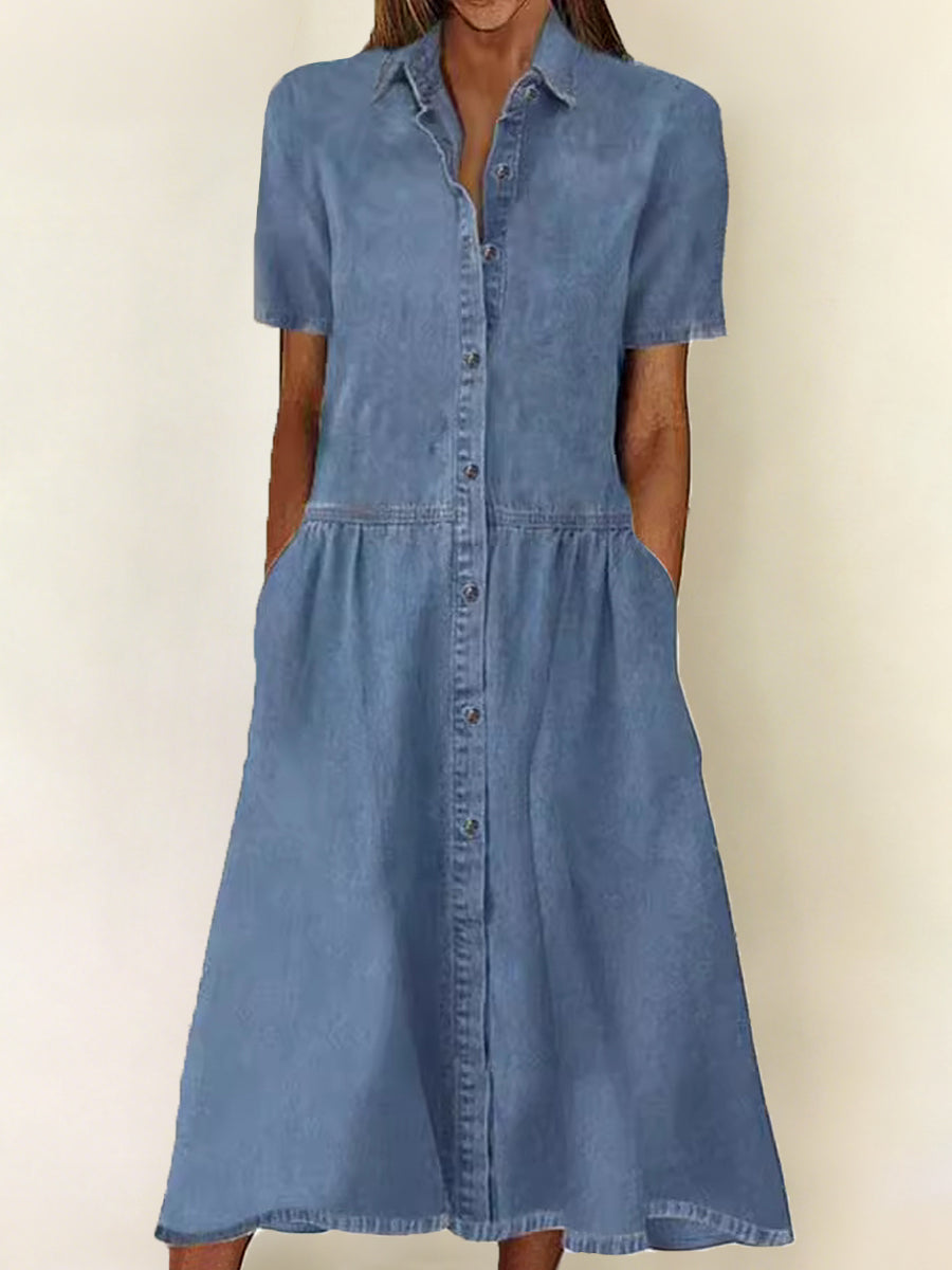 Women's Short-Sleeve Denim Dress in Blue