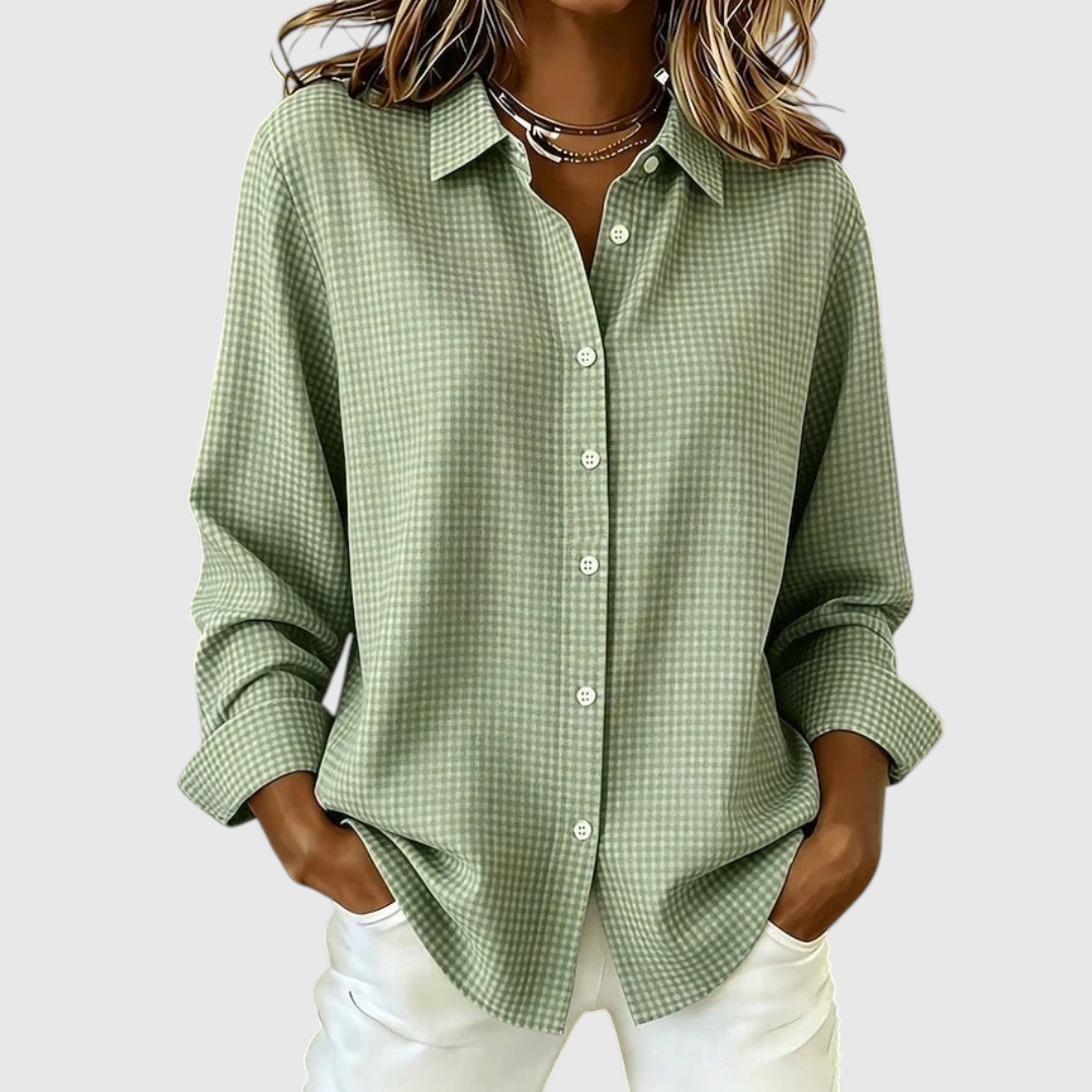 Women's Relaxed Gingham Button-Front Blouse in Sage Green